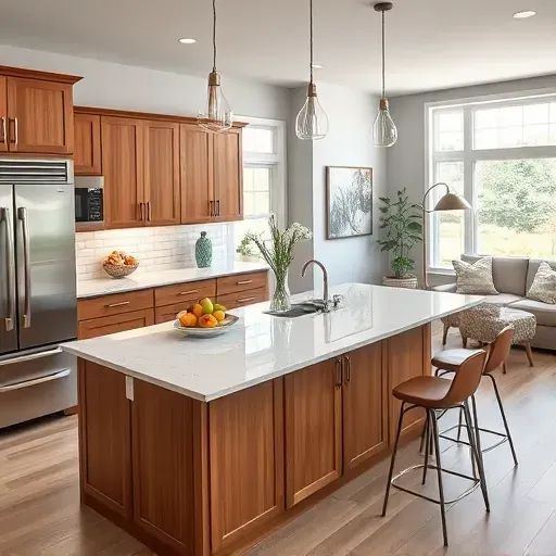 Modern kitchen remodel in Media PA featuring quartz countertops, wooden cabinetry, stainless steel appliances, and cozy dining nook.