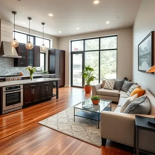 Modern open-concept kitchen and living area in Delaware County, featuring granite countertops and stylish decor.