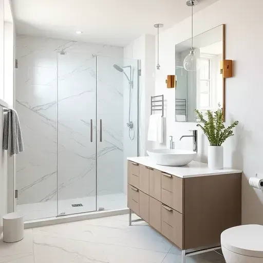 Modern bathroom remodel in Landenberg PA featuring sleek fixtures, walk-in shower, marble tiles, and stylish vanity.