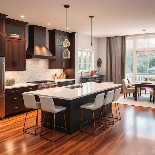 Modern kitchen transformation in Chester County with quartz countertops, dark wood cabinets, and ambient lighting.