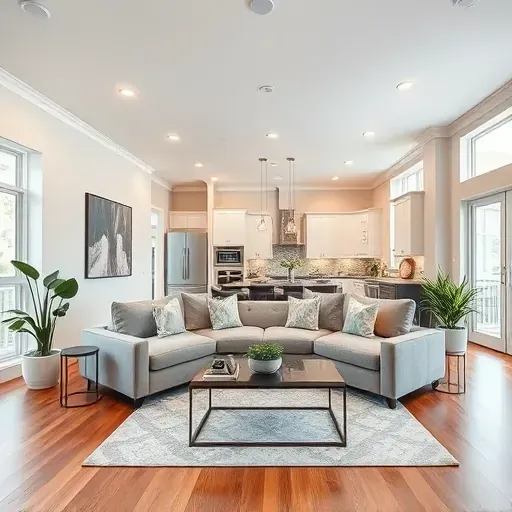 Renovated living room in Malvern PA with hardwood floors, recessed lighting, modern decor, and a stylish kitchen.