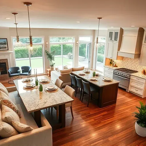 Modern open-concept living space in Exton PA with elegant kitchen, cozy furniture, and lush garden view.