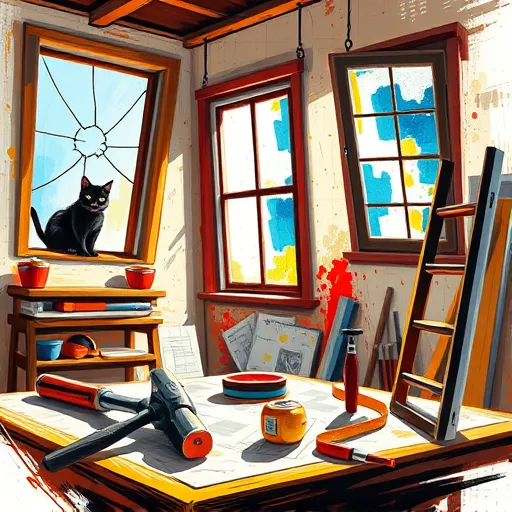 A vibrant Expressionist scene depicting window installation in a cozy, lively workshop or home setting. The painting features large, angled windows in various stages of being installed, with exaggerated, swirling brushstrokes conveying energy and craftsmanship. Tools such as a hammer, screwdriver, and measuring tape are playfully scattered across a cluttered workbench amidst paint-splattered walls, blueprints, and quirky details like a dangling ladder, a mischievous cat peering through a window, and a tiny helmeted rat assisting. Some windows display cracked, abstract panes that distort light into kaleidoscopic reflections of vivid blues, fiery oranges, and luminous yellows. Light streaming through the partially installed windows cast dramatic shadows, emphasizing the transformative process. The scene captures the dynamic chaos and creative zest of home improvement, with a warm color palette of reds, browns, cool blues, and yellows, evoking feelings of energy, optimism, and industriousness. Overall, this lively composition narrates the energetic, whimsical, and artistic journey of window installation, perfect for a blog about home renovation craftsmanship and adventure.