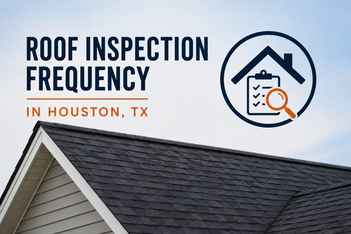 Roofing inspector on ladder examining shingles in Houston neighborhood