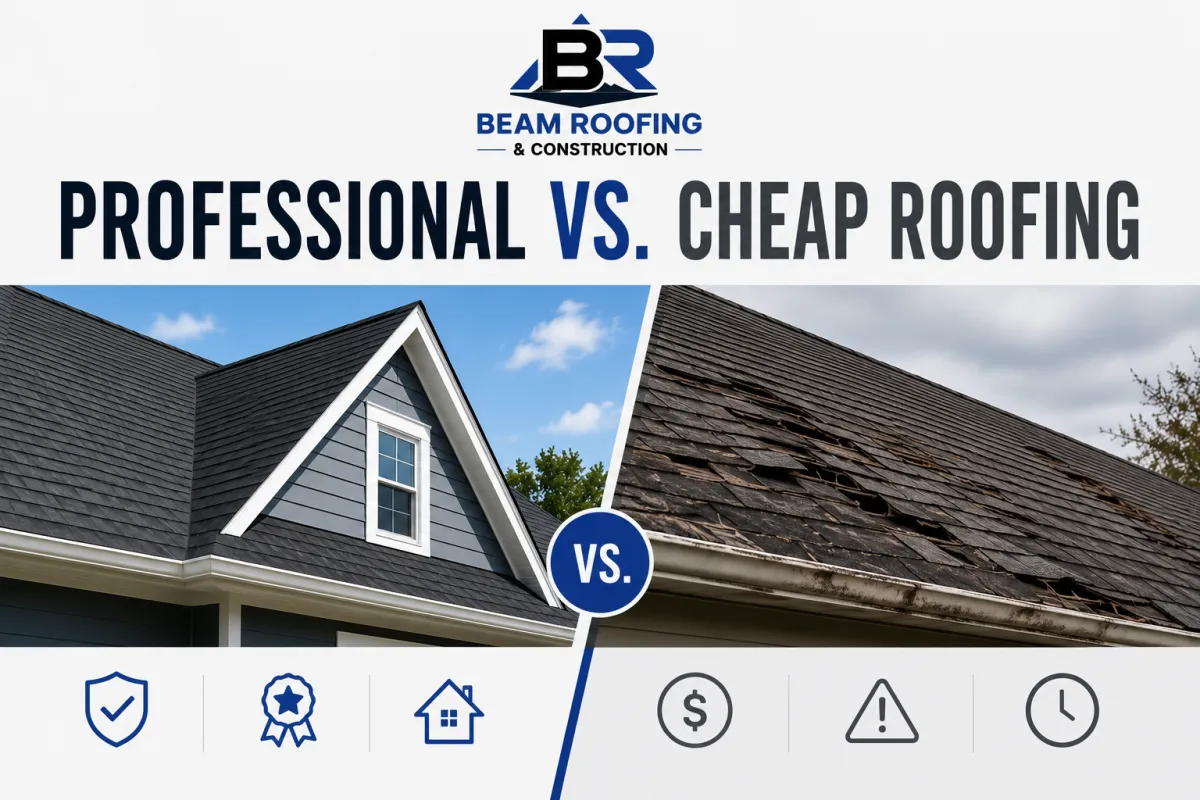 Licensed roofing contractor team inspecting a residential roof with safety gear