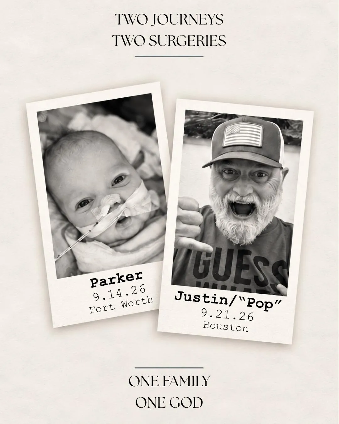 September family update asking for prayer for Parker and Pop as Parker prepares for tracheostomy and G-button surgery at Cook Children’s and Justin prepares for a second brain surgery at MD Anderson one week later.