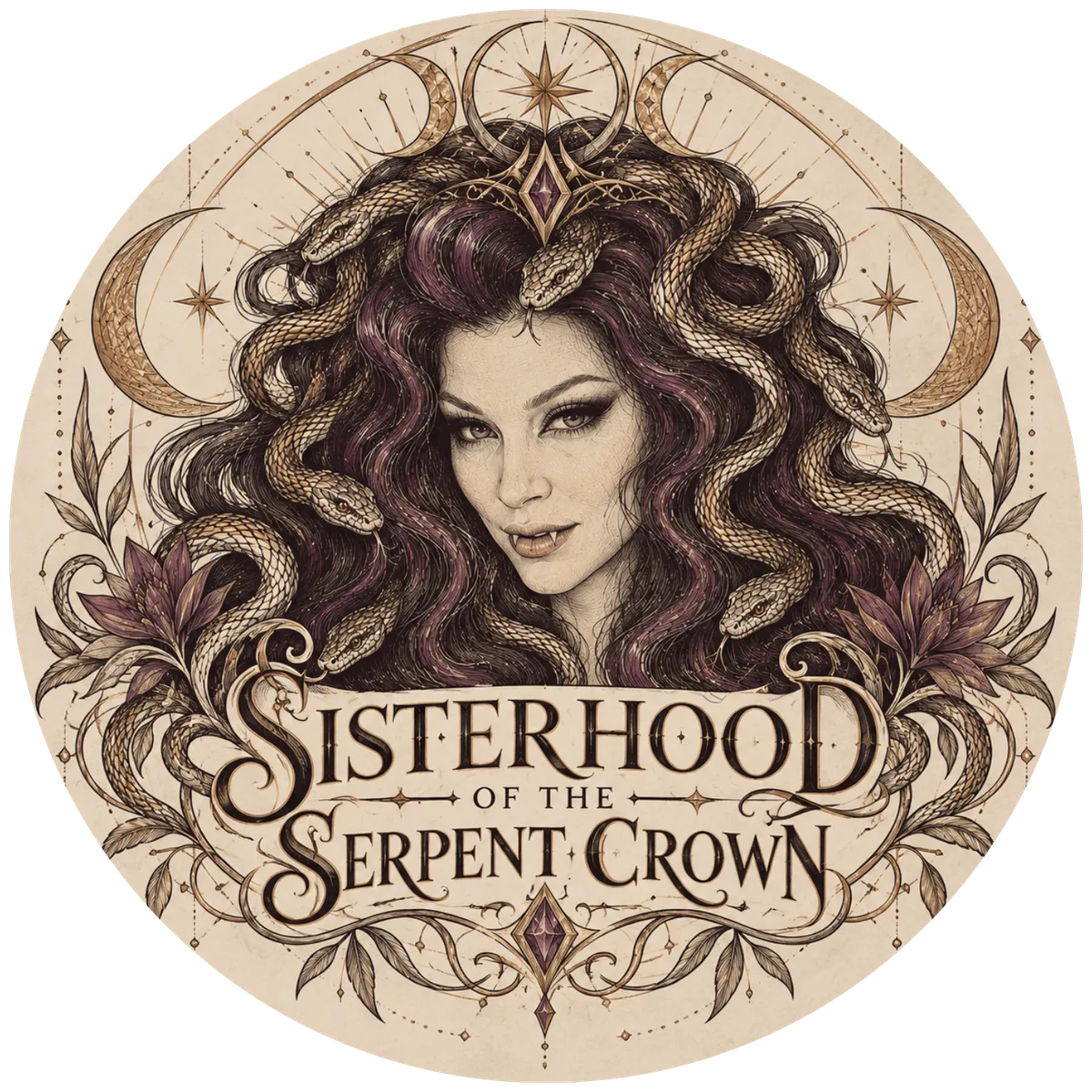Circular vintage-style logo featuring a portrait or crest in sepia tones