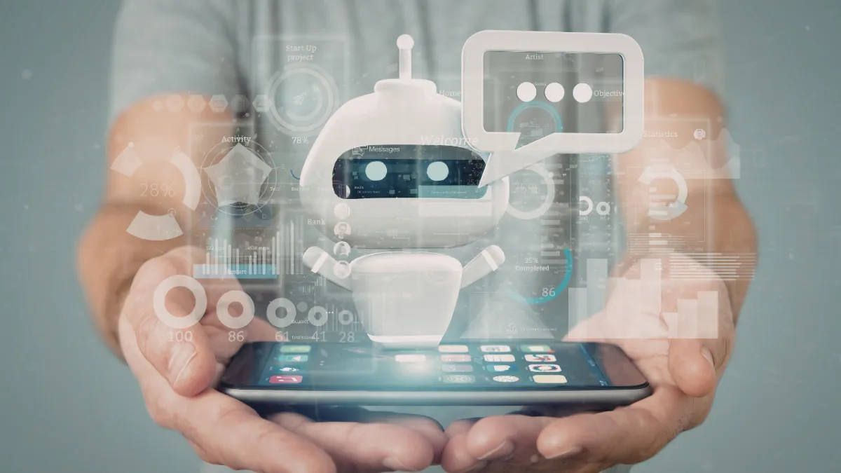 Hands holding a smartphone with a digital AI chatbot and sales automation interface above the screen