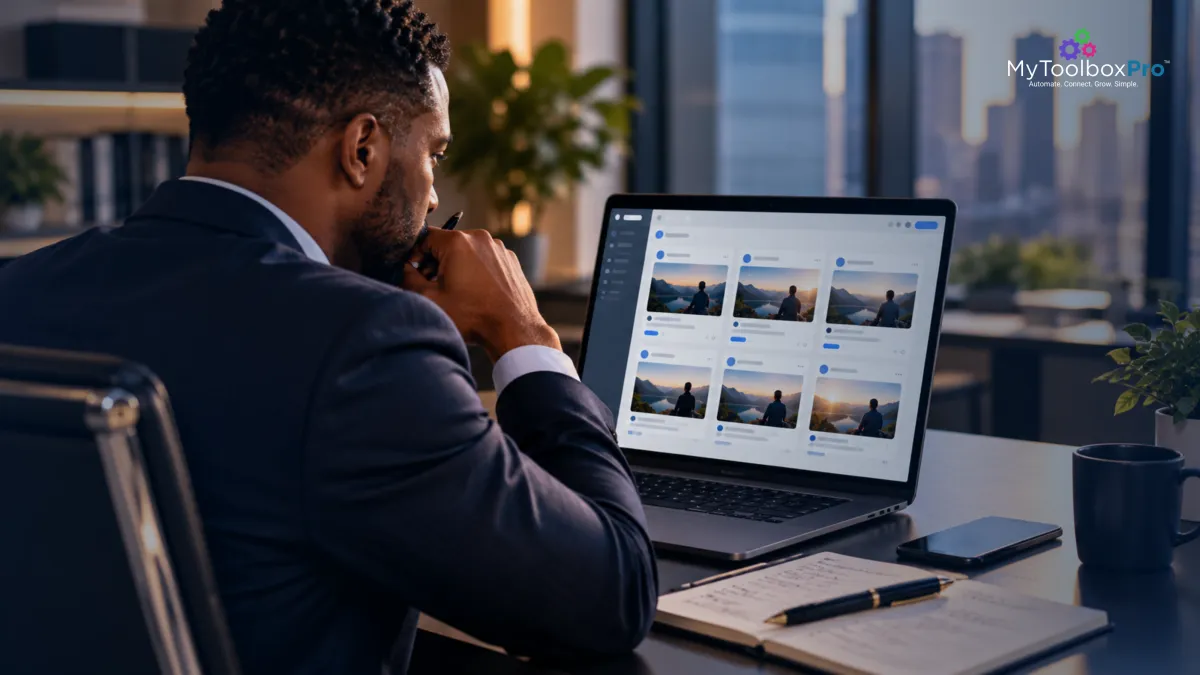 Business owner reviewing AI marketing content on a laptop in an office.