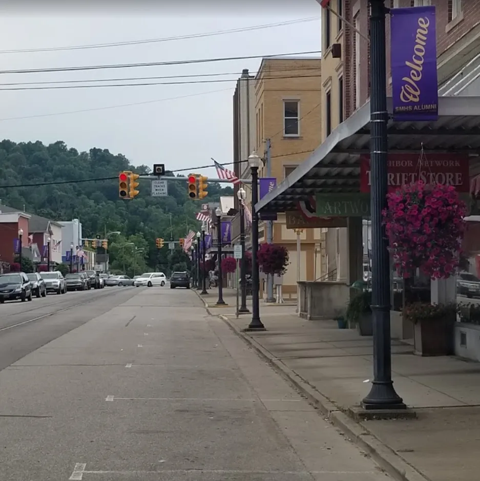 downtown st. marys street with stoplights and cars parked