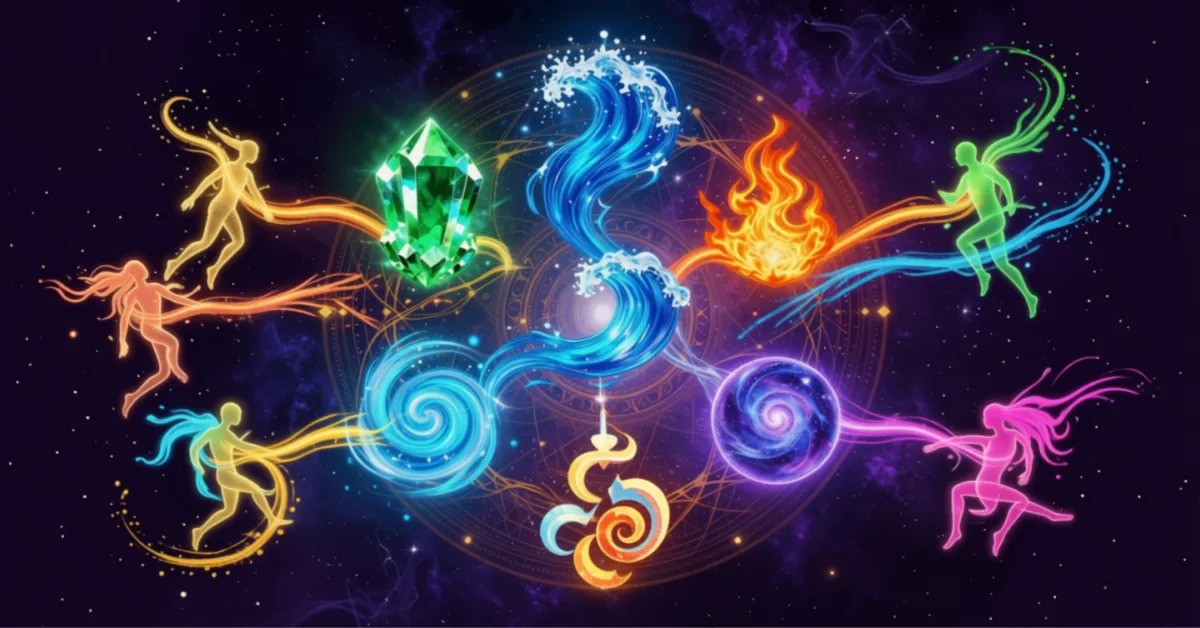 Abstract graphic representing the five elements of Ayurveda: space, air, fire, water, and earth.