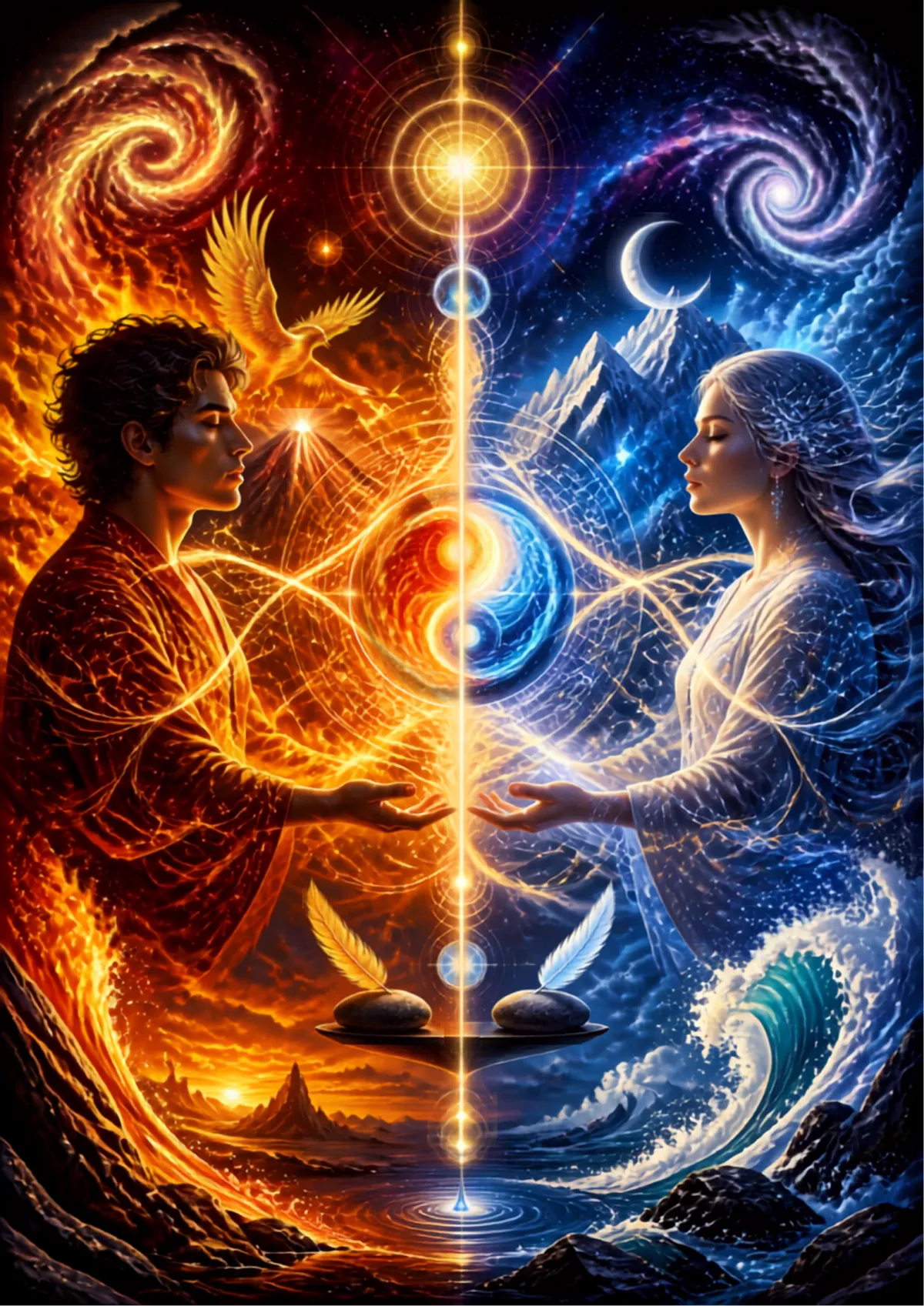 A vivid cosmic poster-style image about opposite energies, with balanced contrast, luminous energy threads, and human figures on opposite sides.