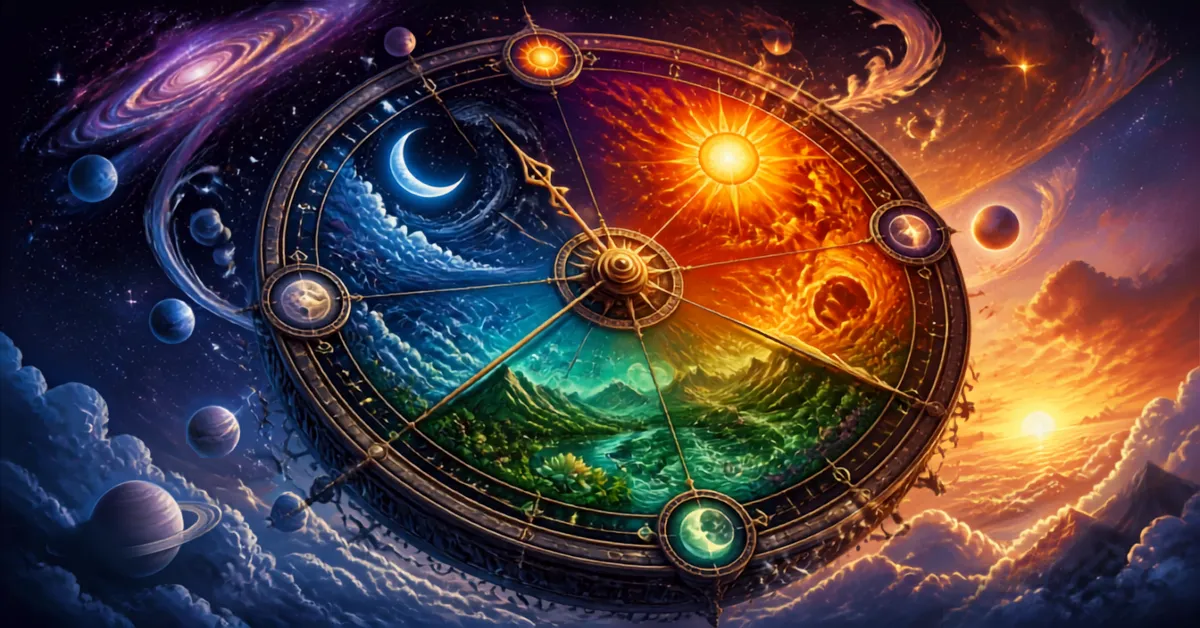 Conceptual Ayurvedic clock illustration showing the 24-hour cycle of day and night split into distinct energetic quadrants with sun, moon, and nature elements.