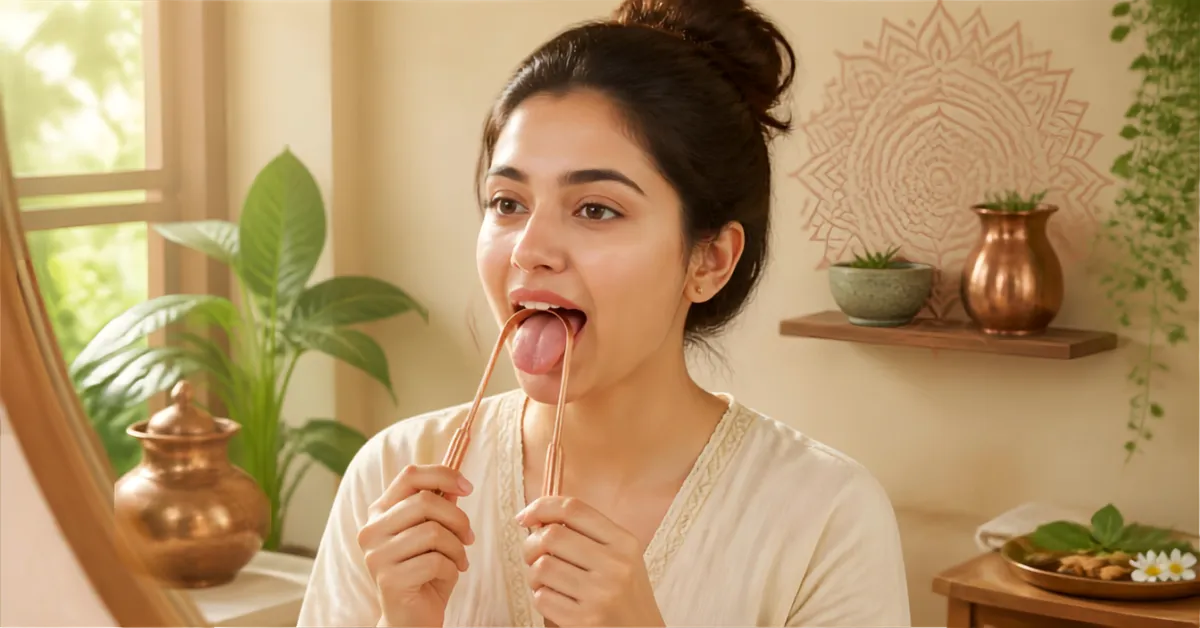 Woman practicing Jihwa Prakshalana using a pure copper tongue scraper in front of a mirror as part of her morning Ayurvedic routine.