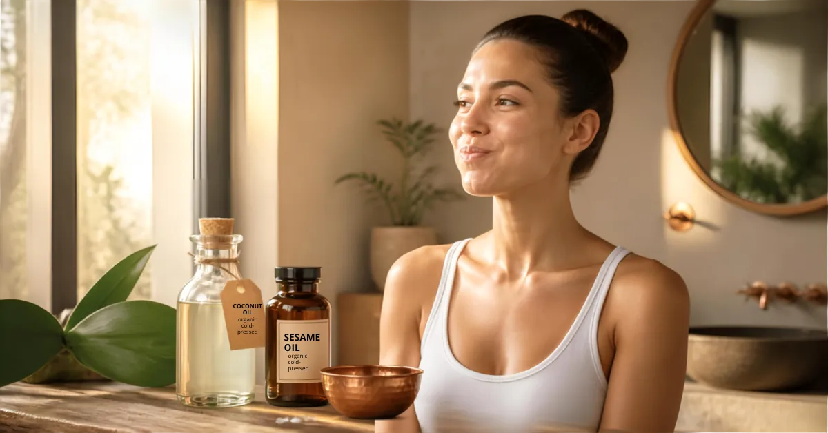 Woman practicing traditional Ayurvedic oil pulling or Gandusha in a sunlit bathroom with bottles of organic coconut oil and sesame oil.