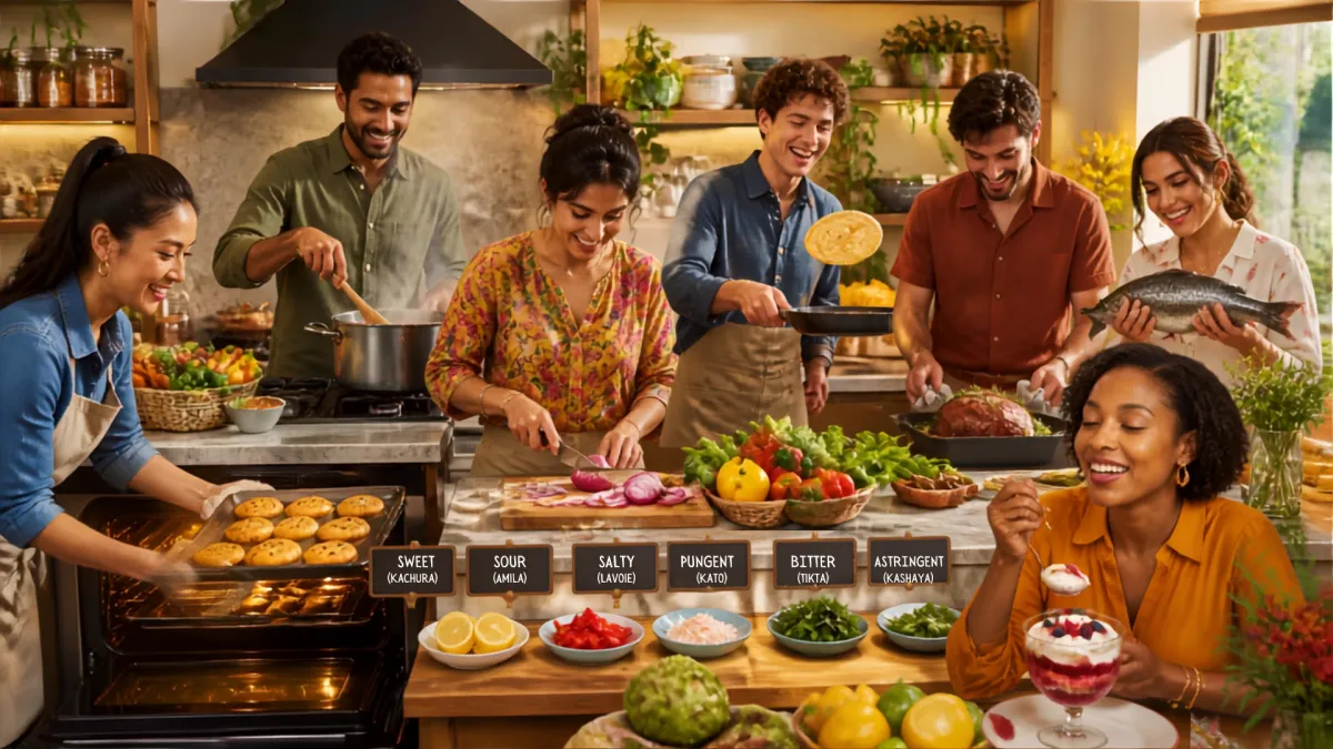 A group of diverse friends cheerfully prepare a meal together in a warm, rustic kitchen. In the foreground, small labeled bowls of ingredients are laid out to represent the six Ayurvedic tastes: Sweet, Sour, Salty, Pungent, Bitter, and Astringent.