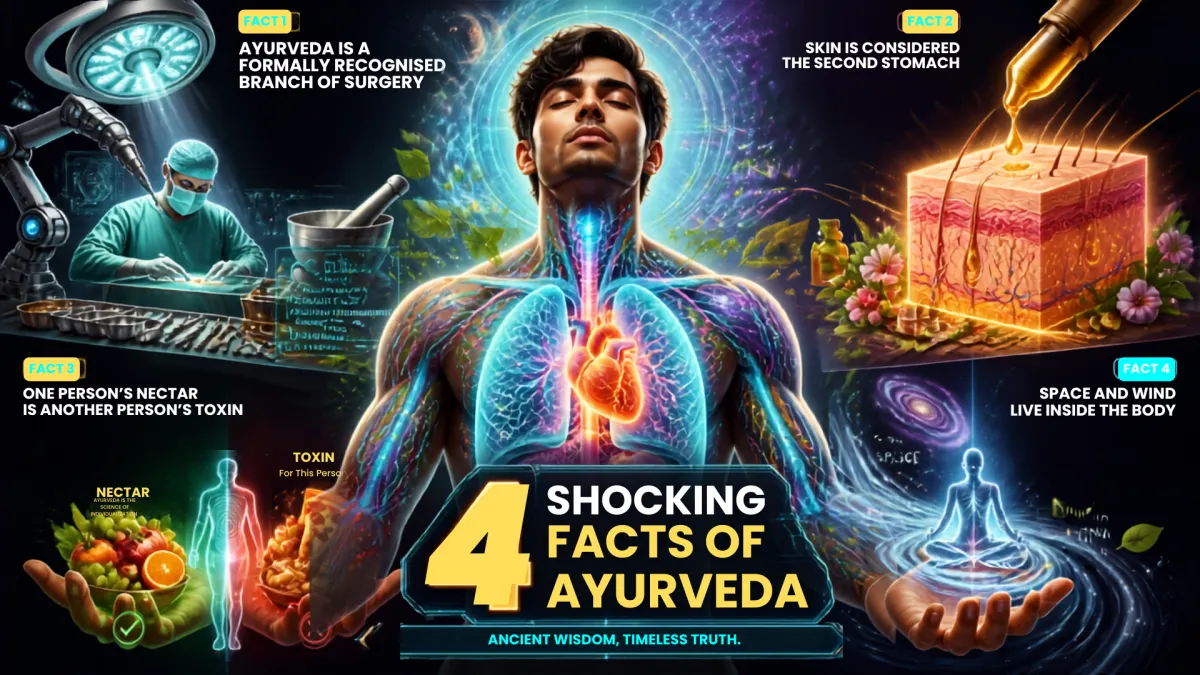 Infographic highlighting four surprising Ayurvedic health facts regarding surgery, skin absorption, biochemical individuality, and internal elements.