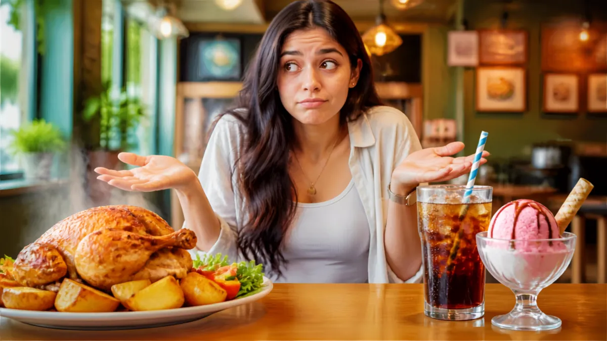 A young woman with long dark hair sits at a restaurant table, shrugging with a confused or indecisive expression. On her left is a large, steaming roasted chicken platter with potatoes, and on her right is an iced soda with a straw next to a bowl of pink ice cream.