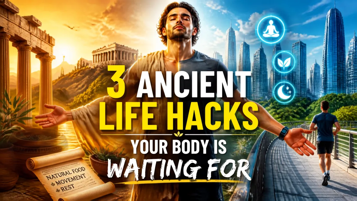 Split-screen image contrasting an ancient Greek setting with a modern city skyline. A man stands in the center wearing a robe on one side and athletic wear on the other. Large text reads, "3 ANCIENT LIFE HACKS YOUR BODY IS WAITING FOR," alongside icons for meditation, healthy food, and sleep.