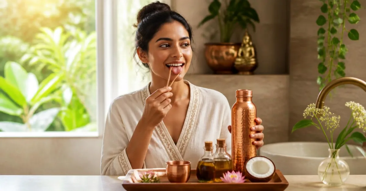 A woman practicing an Ayurvedic morning routine with a tongue scraper, copper water bottle, and coconut oil in a bright bathroom setting.