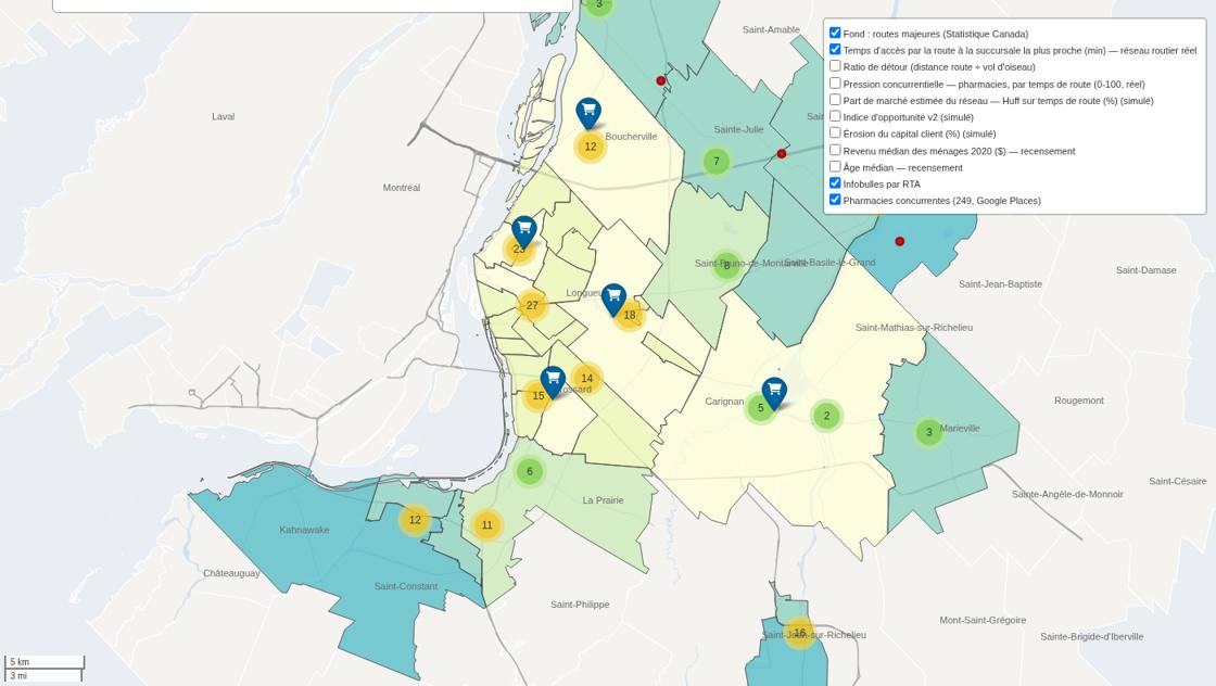 zones de chalandise par temps de route, érosion et concurrence autour de cinq succursales sur la Rive-Sud de Montréal.