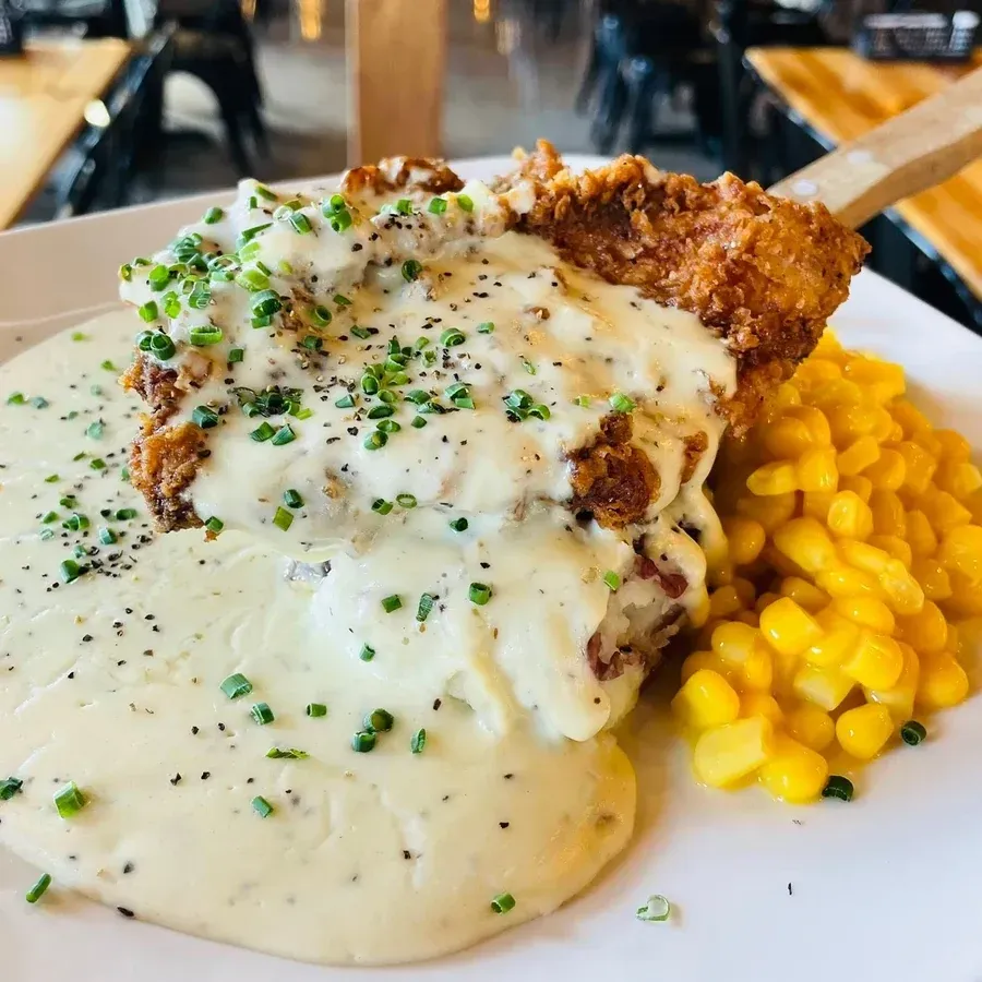 Chicken fried chicken with country gravy, egg noodles, and butter corn at Black Cap Brewing Company in Red Lion, PA