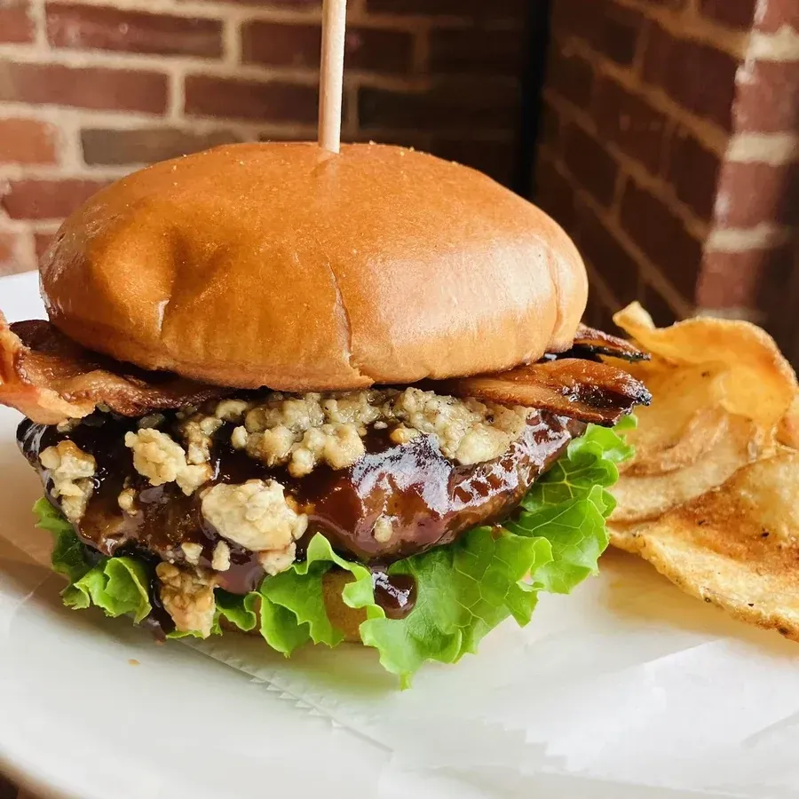 Bacon blue cheese burger on a brioche bun at Black Cap Brewing Company in Red Lion, PA