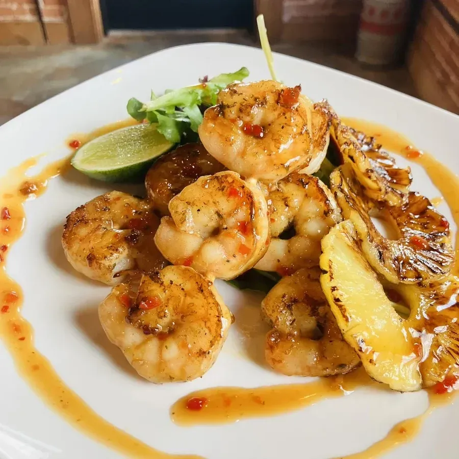 Grilled shrimp and pineapple skewers with lime at Black Cap Brewing Company in Red Lion, PA