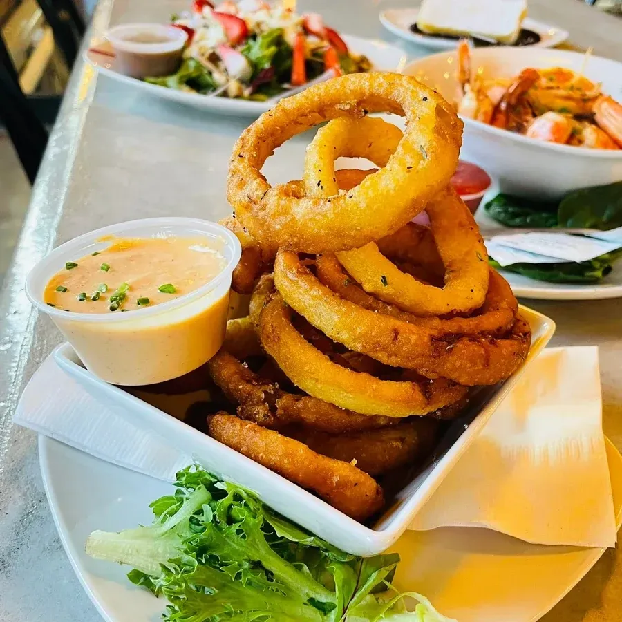 Beer battered onion rings with dipping sauce at Black Cap Brewing Company in Red Lion, PA