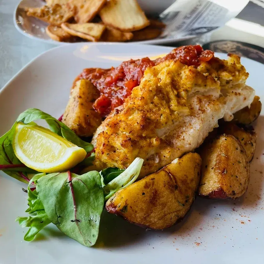 Crab-stuffed haddock with roasted potato wedges at Black Cap Brewing Company in Red Lion, PA