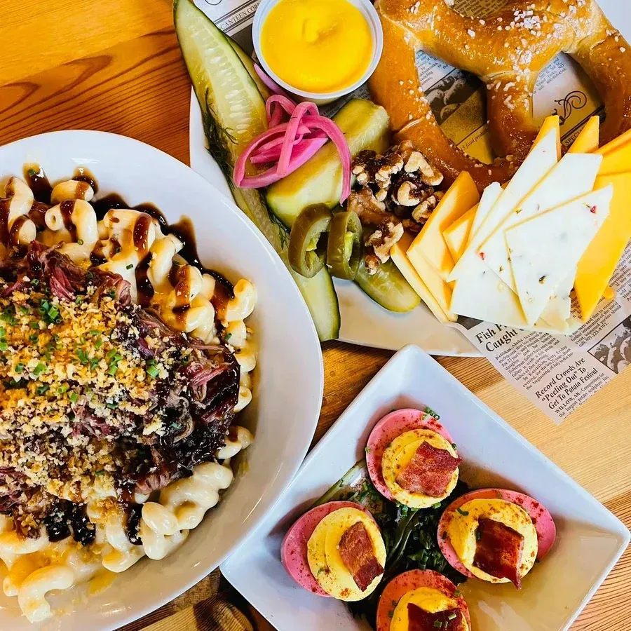 Combination of Dutch Country Pretzel Sticks + Red Beet Deviled Eggs + Brisket Mac & Cheese