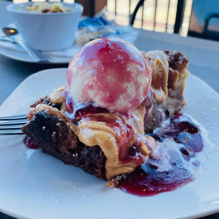 PB&J bread pudding topped with ice cream and grape jelly at Black Cap Brewing Company in Red Lion, PA