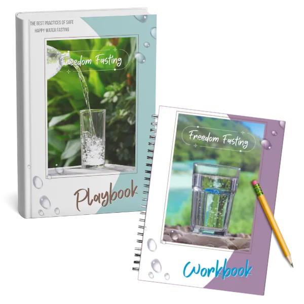 Calm water fasting planning scene with journal, water, and greenery
