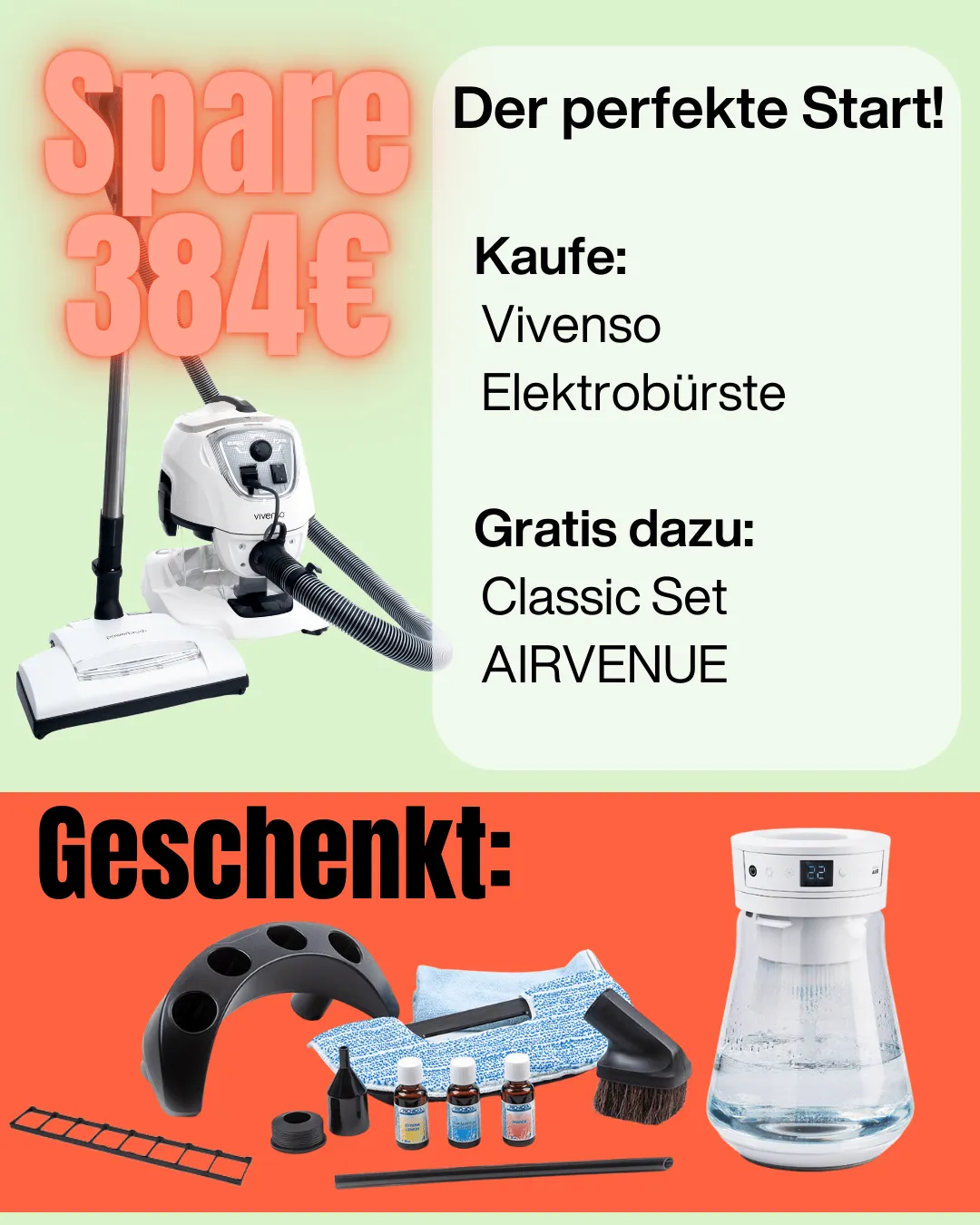 Beim Kauf eines Vivenso / Vivenso Touch mit Elektrobürste erhalten Sie das Zubehörset Classic, den Elektrodüsenaufsatz sowie einen airvenue ohne app gratis dazu