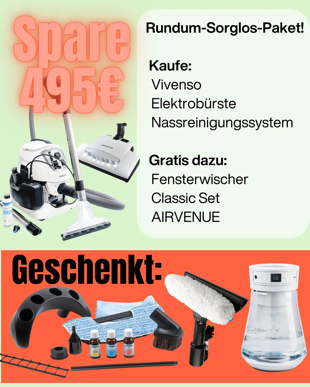 Beim Kauf eines Vivenso / Vivenso Touch mit Elektrobürste erhalten Sie das Zubehörset Classic, den Elektrodüsenaufsatz sowie einen airvenue ohne app gratis dazu