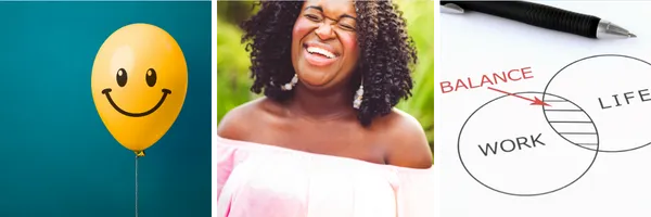 Images of yellow balloon with smiley face, woman laughing and Venn diagram of work-life balance