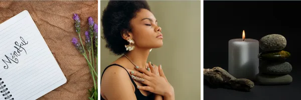 Mindfulness images: notebook, woman meditating, candle and stacked stones