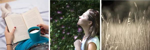 Mindfulness images: mindfulness text, woman gazing out a window, stacked stones