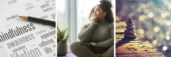 Mindfulness images: mindfulness text, woman gazing out a window, stacked stones
