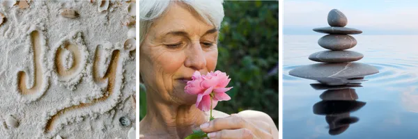 Mindfulness images: Joy written in sand, woman smelling a pink flower, stacked stones