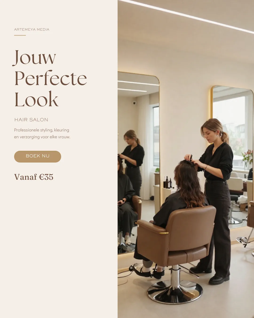 Portfolio voorbeeld social media advertentie voor een kapsalon met professionele haarstyling, kleuring en haarverzorging.