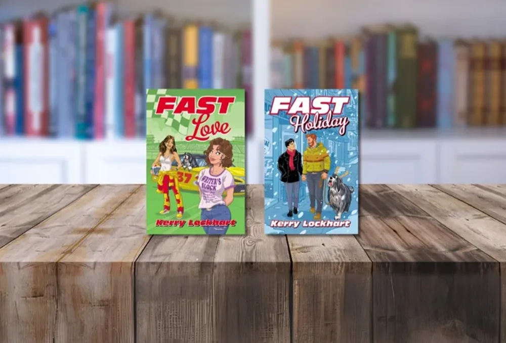two books: "Fast Love" and "Fast Holiday" by Kerry Lockhart sit upright on a wooden surface with a bookcase in the background
