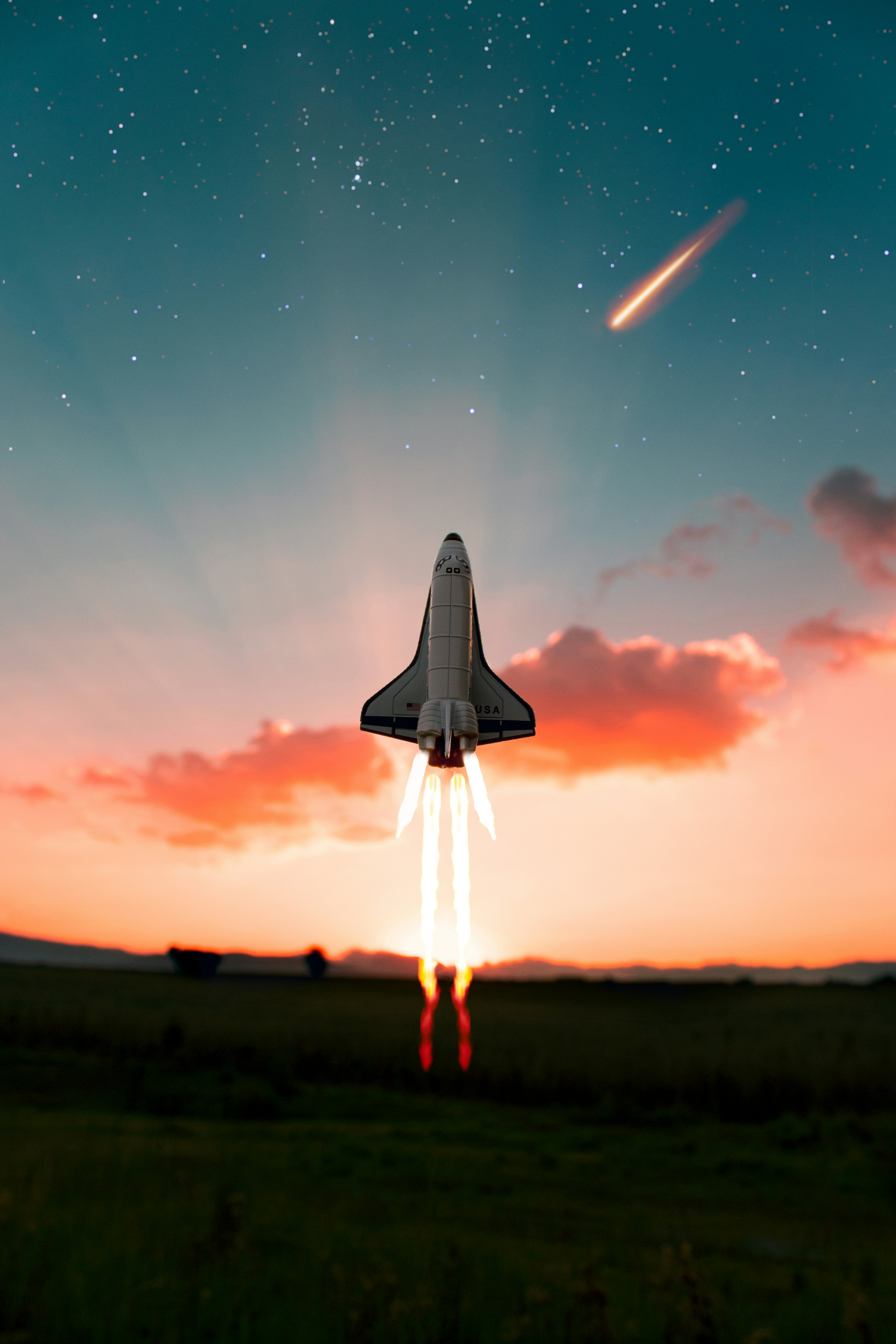 A rocket launching into a starry sunset sky, breaking through the clouds as a comet streaks past overhead