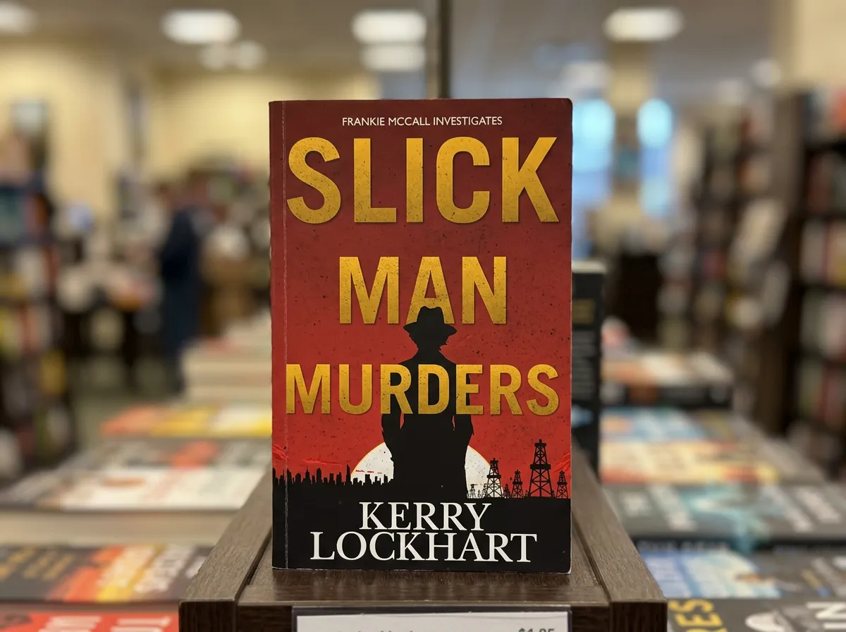 Paperback copy of Slick Man Murders by Kerry Lockhart displayed on a bookstore shelf stand, with blurred shelves of books in the background