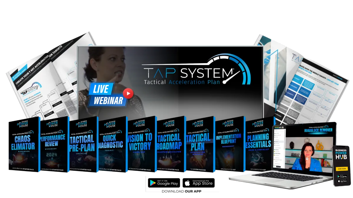 Visual representation of the Total Acceleration 2025 Webinar featuring the TAP System and various growth strategy materials, including workbooks, diagnostic tools, and a live webinar with Claire Ansell.