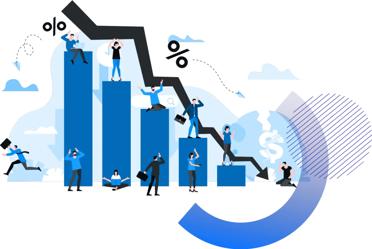 Illustration of business professionals handling a downturn in revenue, symbolizing the challenges of an unpredictable revenue rollercoaster.