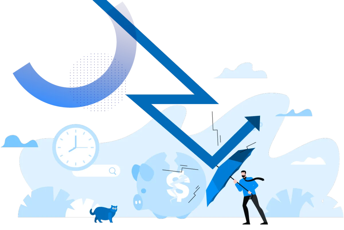 Illustration of a downward arrow being redirected upwards with a business professional guiding it, symbolizing the process of stabilizing revenue and streamlining operations during a downturn.