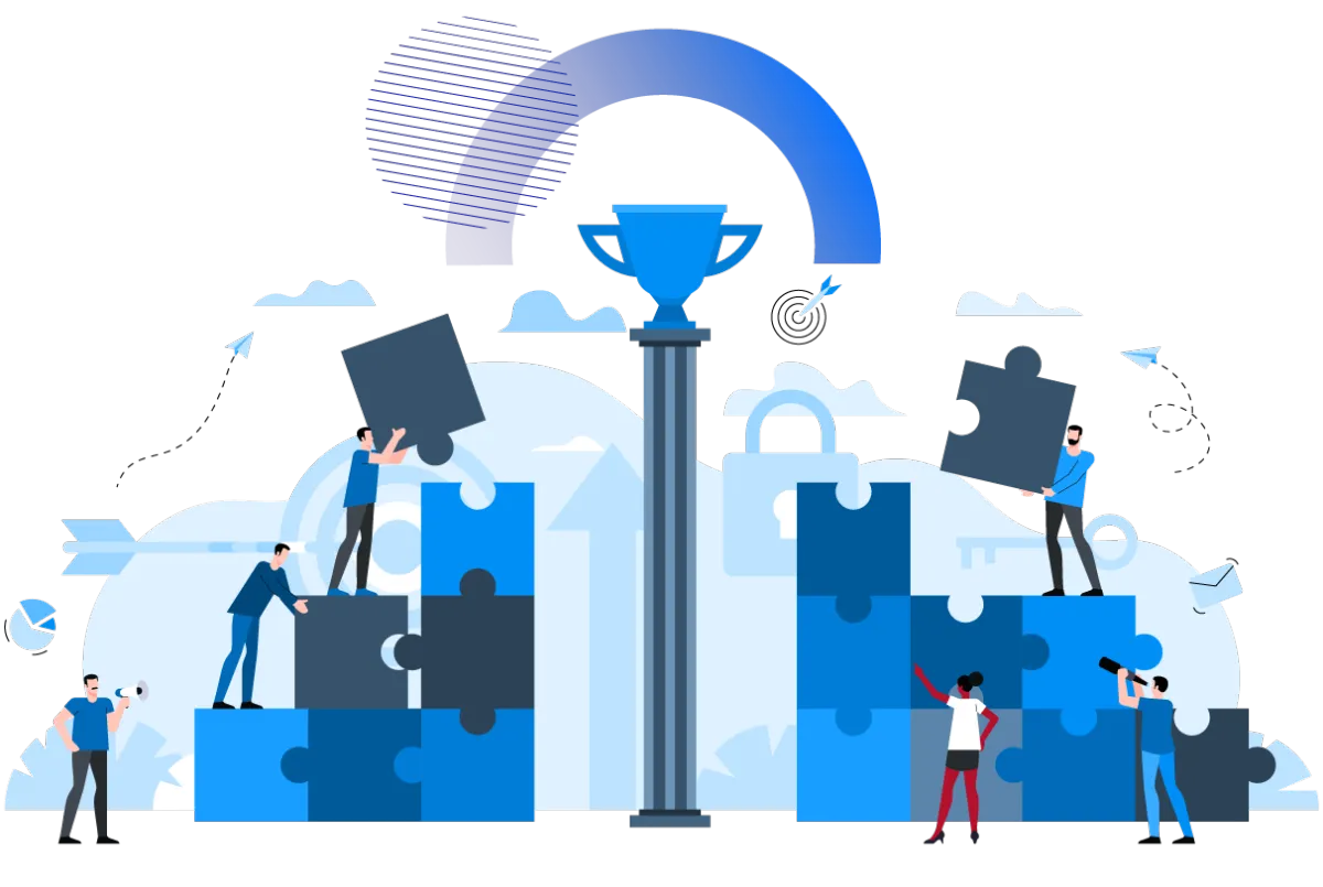 Team working together to assemble large puzzle pieces with a trophy on top, symbolizing the process of breaking through business growth barriers.