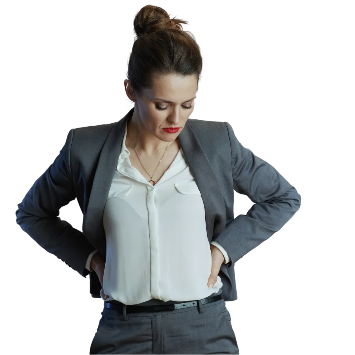 Business women in grey suit looking unhappy and despressed