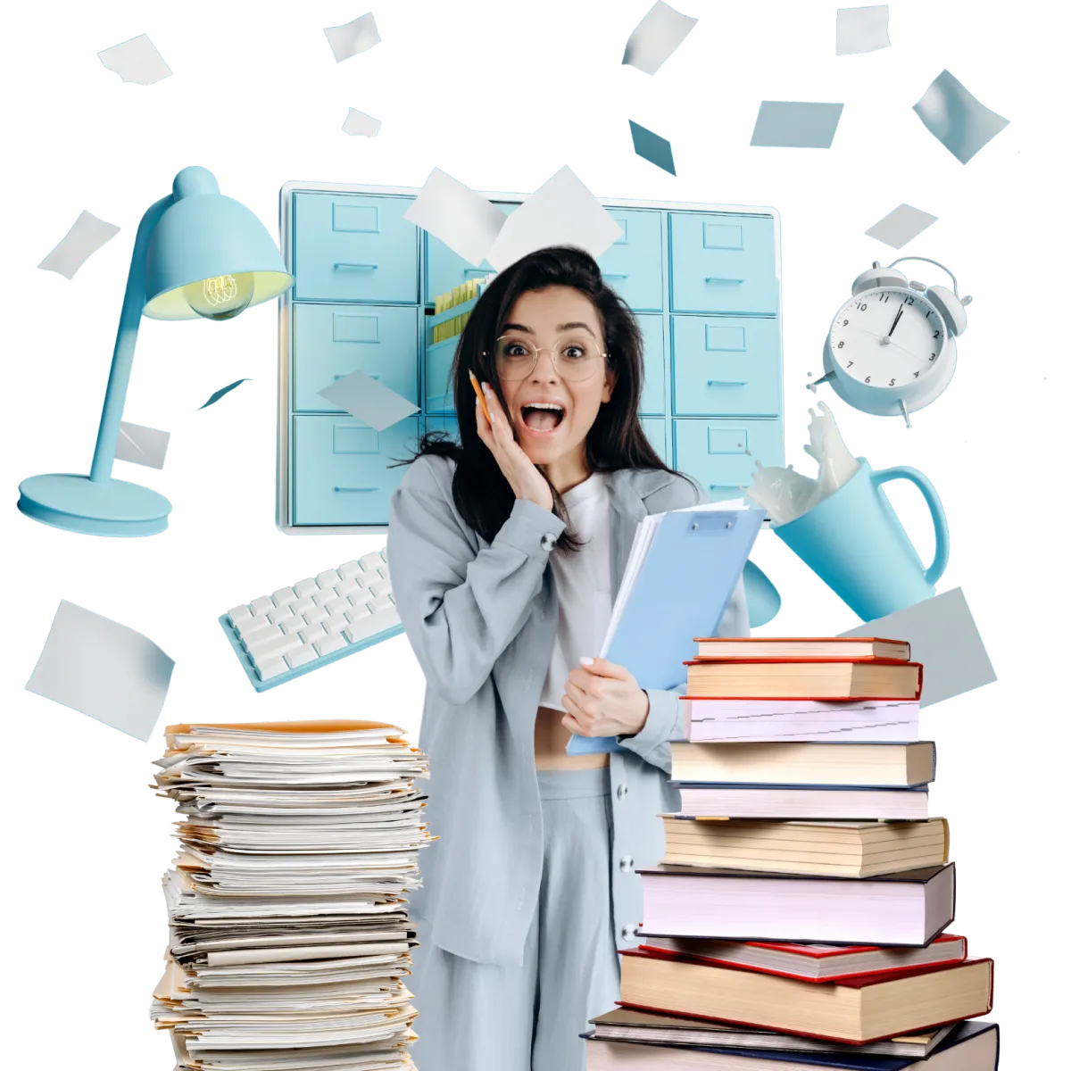 Woman overwhelmed with paperwork, surrounded by stacks of books, files, and office supplies, representing the chaos of managing business tasks.